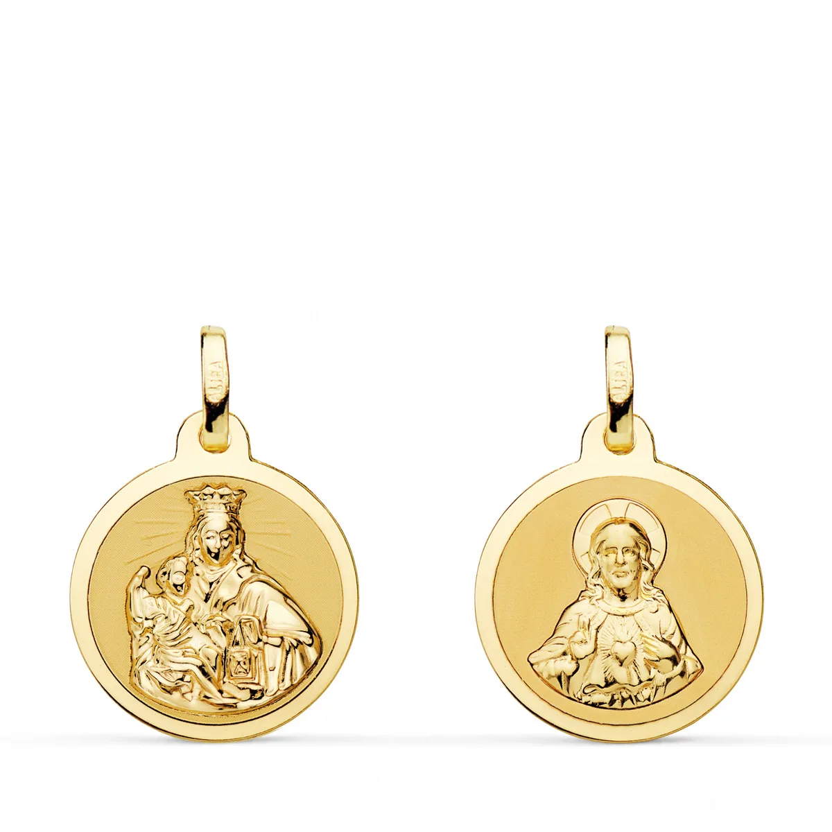 18K ESCAPULARIO ORO AMARILLO VIRGEN DEL CARMEN Y CORAZON DE JESUS EN BRILLO 16 MM