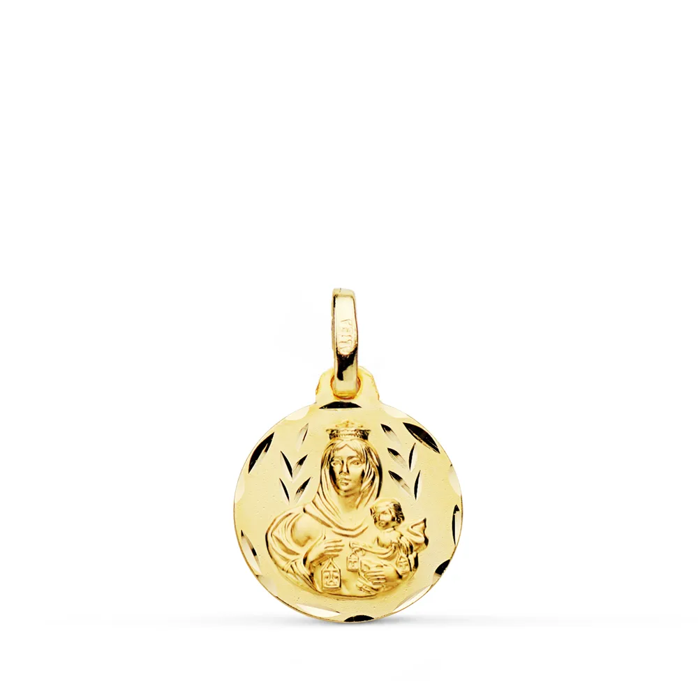 18K ESCAPULARIO ORO AMARILLO TALLADO VIRGEN DEL CARMEN CORAZON DE JESUS 14 MM — vista 3