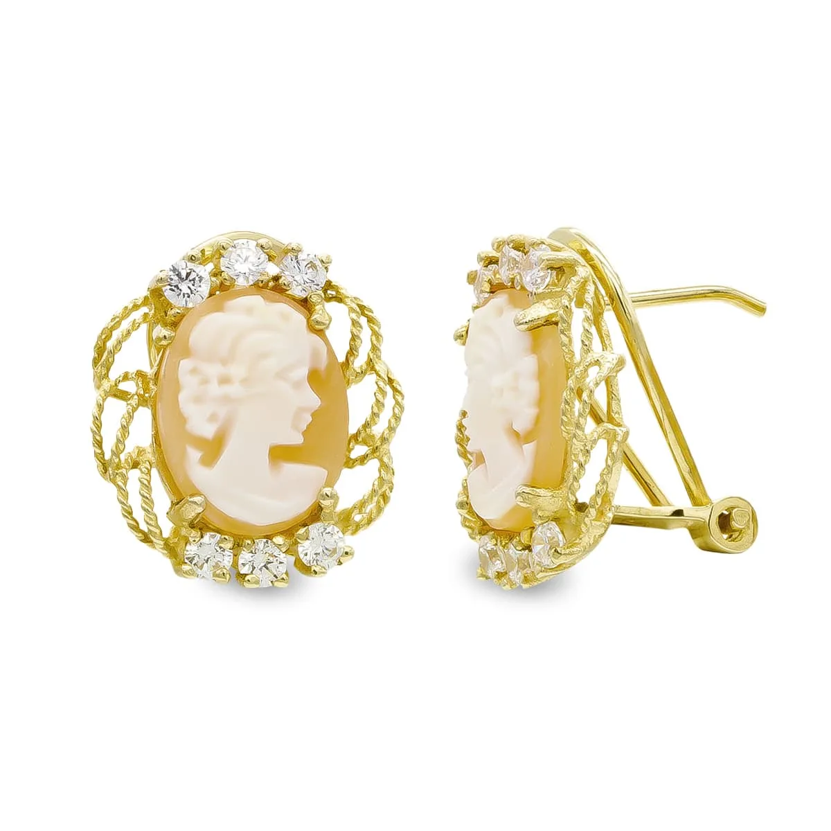18K PENDIENTES ORO AMARILLO CAMAFEO 14X12 MM CIERRE OMEGA