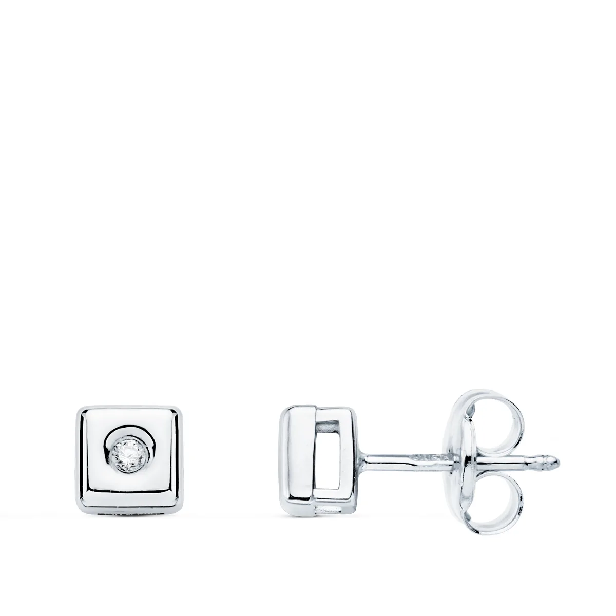 18K PENDIENTES CHATON ORO BLANCO CUADRADO DIAMANTES LABORATORIO  0,030 QTS. G-VS2 CIERRE PRESION 5 MM