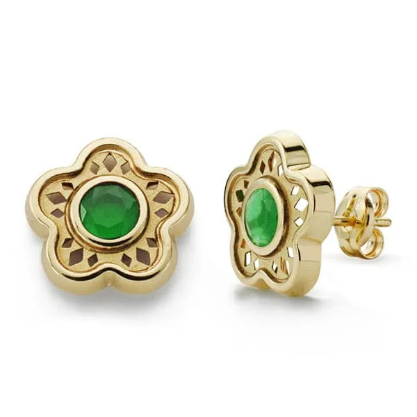 18K PENDIENTES FLOR PIEDRA COLOR VERDE ORO AMARILLO 11 MM CIERRE PRESION