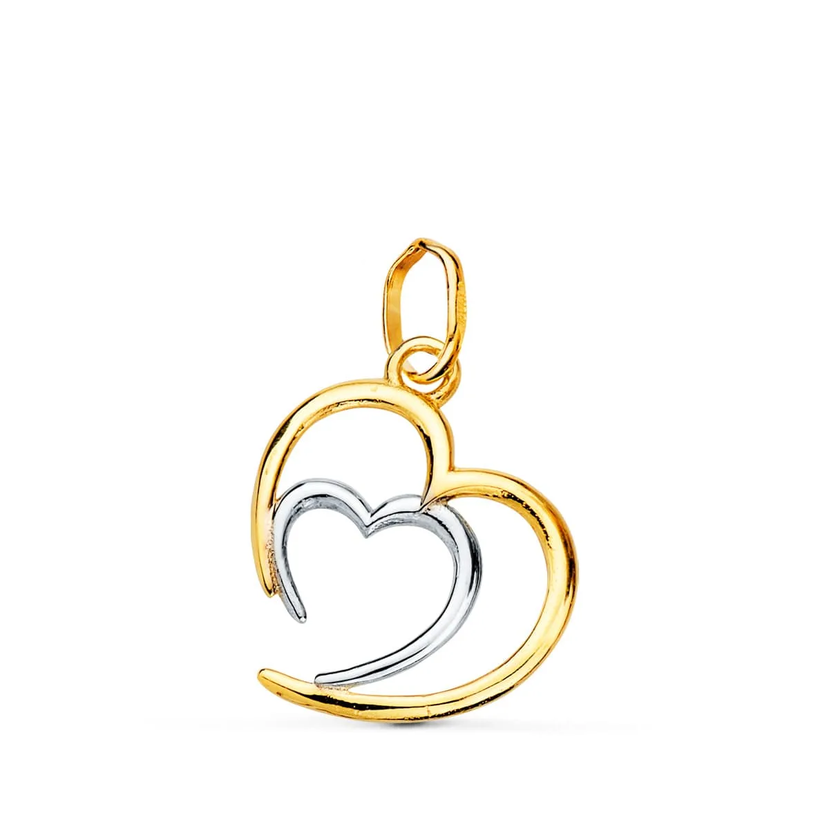 18K COLGANTE ORO BICOLOR DOBLE CORAZON EN BRILLO 14X13 MM C. AMOR