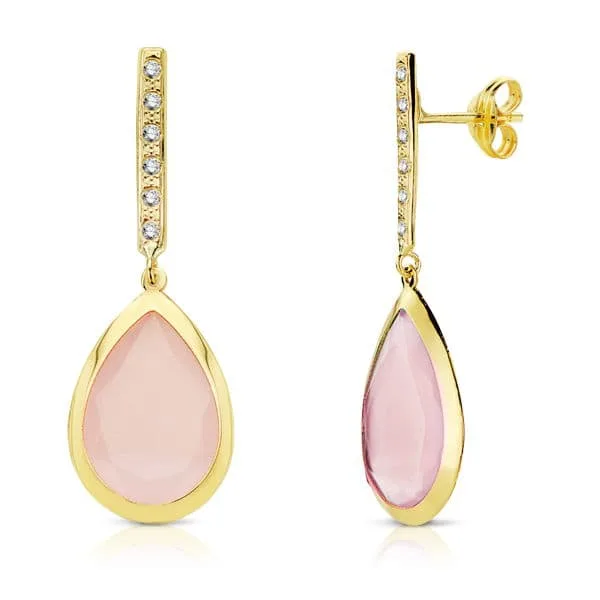 18K PENDIENTES PIEDRA ROSA 33X12 MM CIERRE PRESION