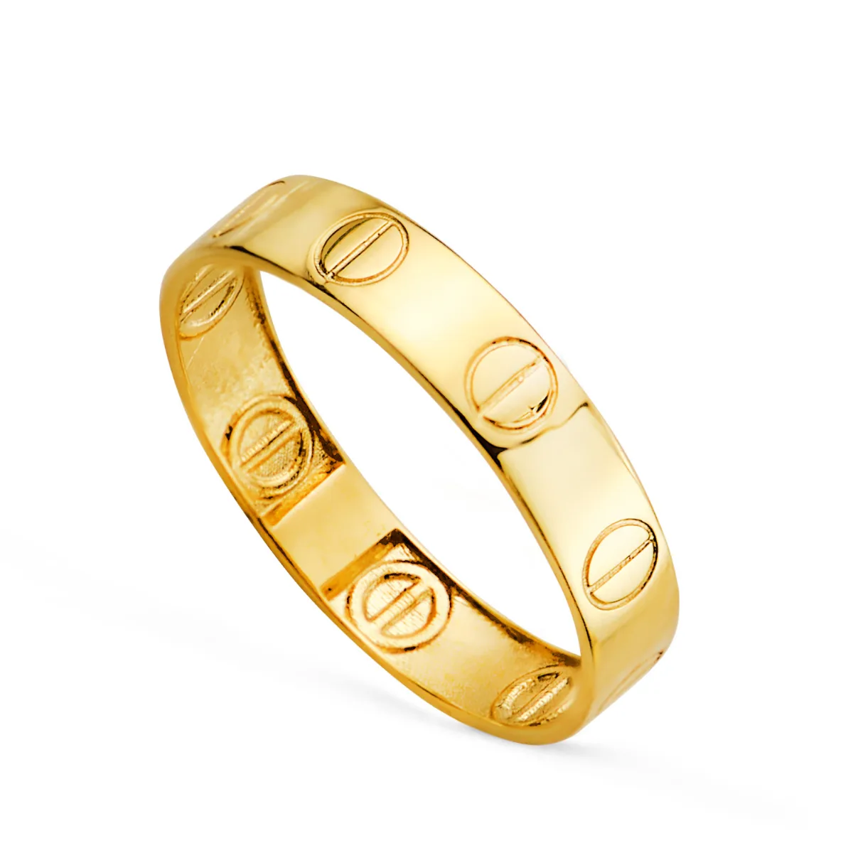 18K SORTIJA ORO AMARILLO LISA CON TORNILLOS EN BRILLO. ANCHO: 4 MM