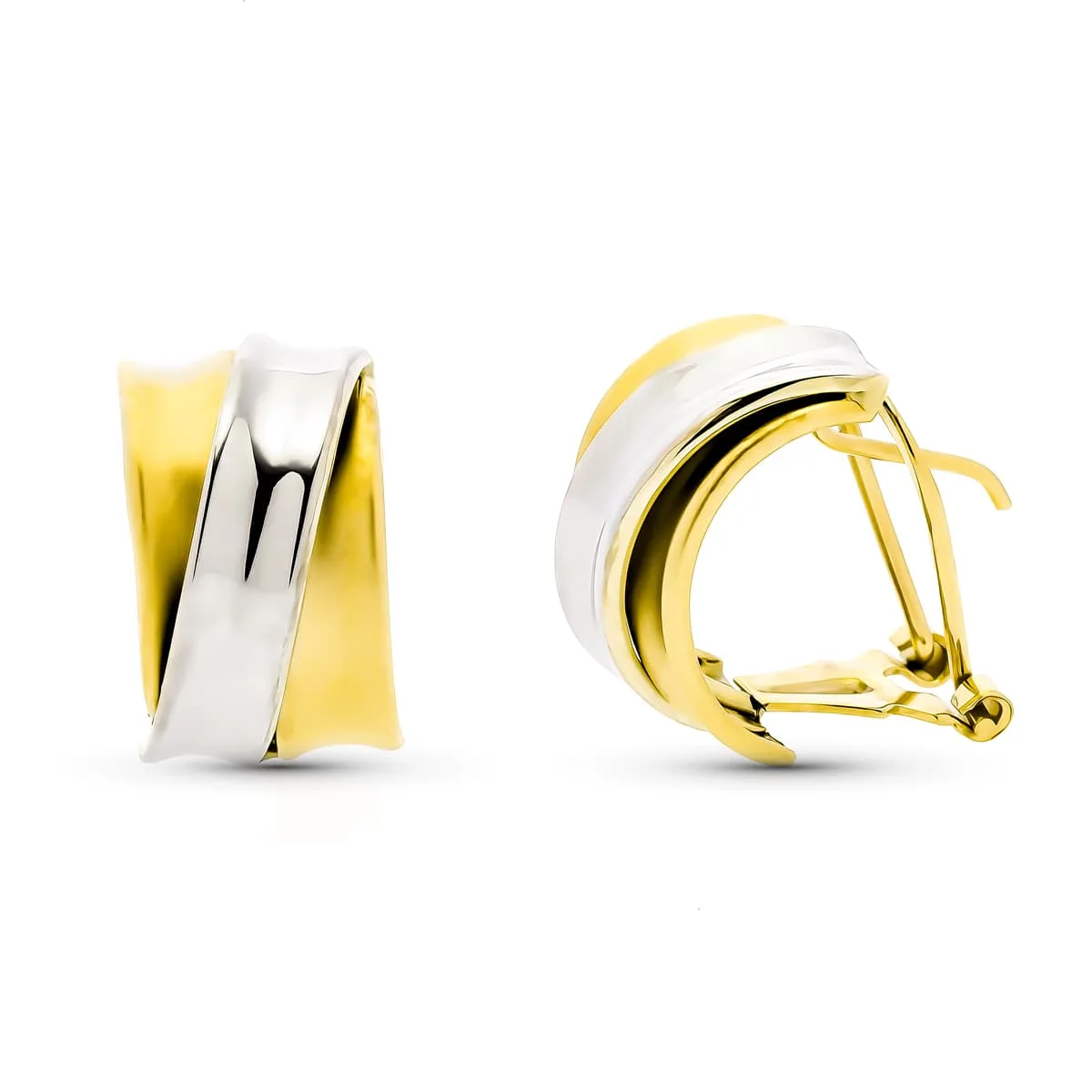 9K PENDIENTES ORO BICOLOR BANDAS MATE Y BRILLO. MEDIDA: 15 X 9 MM. CIERRE OMEGA