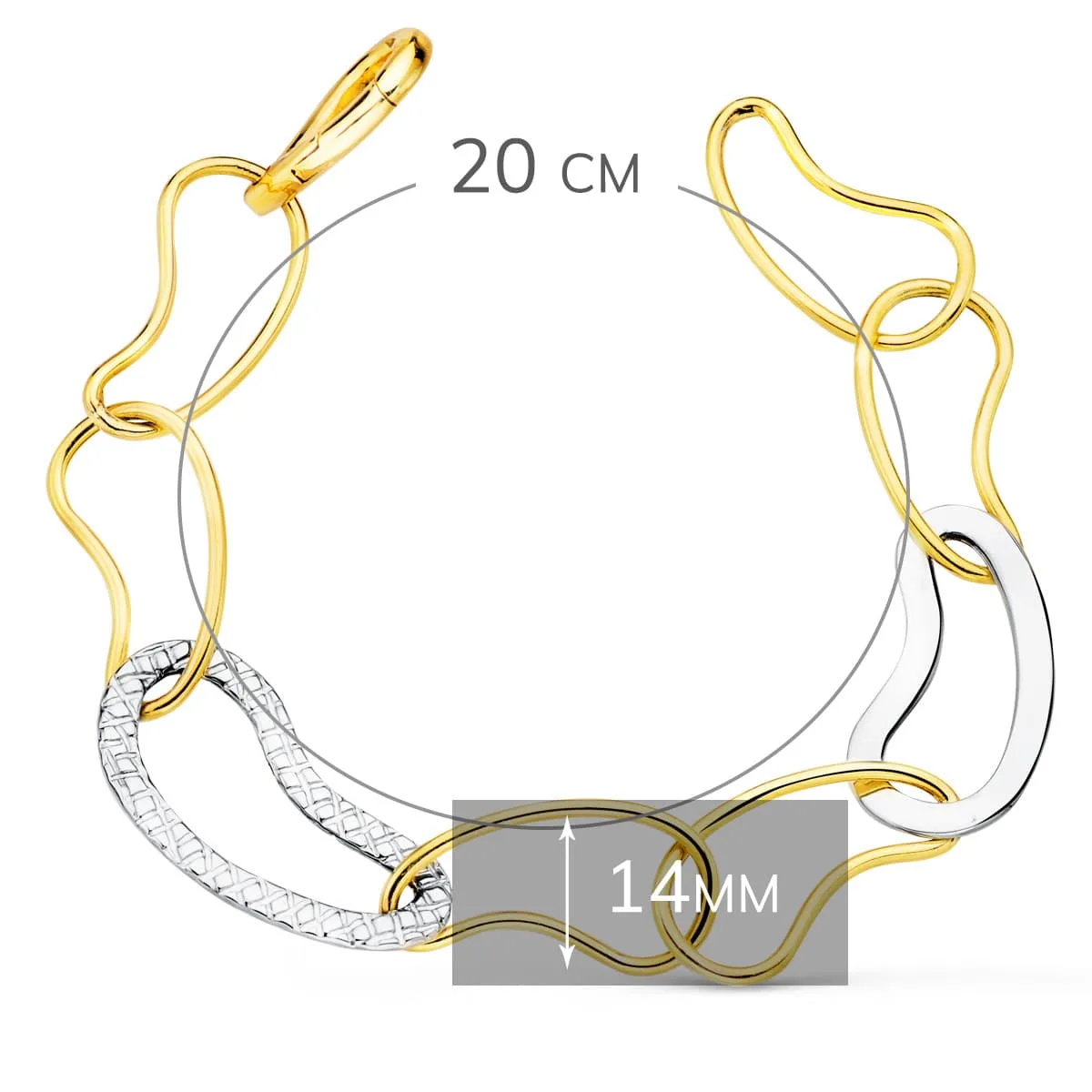 18K PULSERA ORO BICOLOR ESLABONES BRILLO Y TALLADOS ANCHO 14 MM LARGO 20CM — vista 2