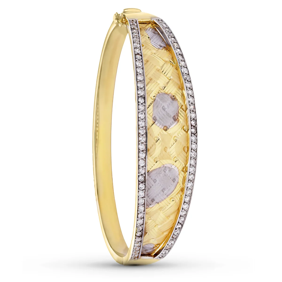 18K PULSERA RIGIDA ORO BICOLOR CIRCONITA MATE Y BRILLO DIAMANTRO 60 MM ANCHO 15 MM EN DISMINUCION