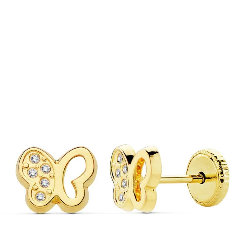 18K PENDIENTES ORO AMARILLO MARIPOSA CIRCONITA 7X6 MM CIERRE TUERCA
