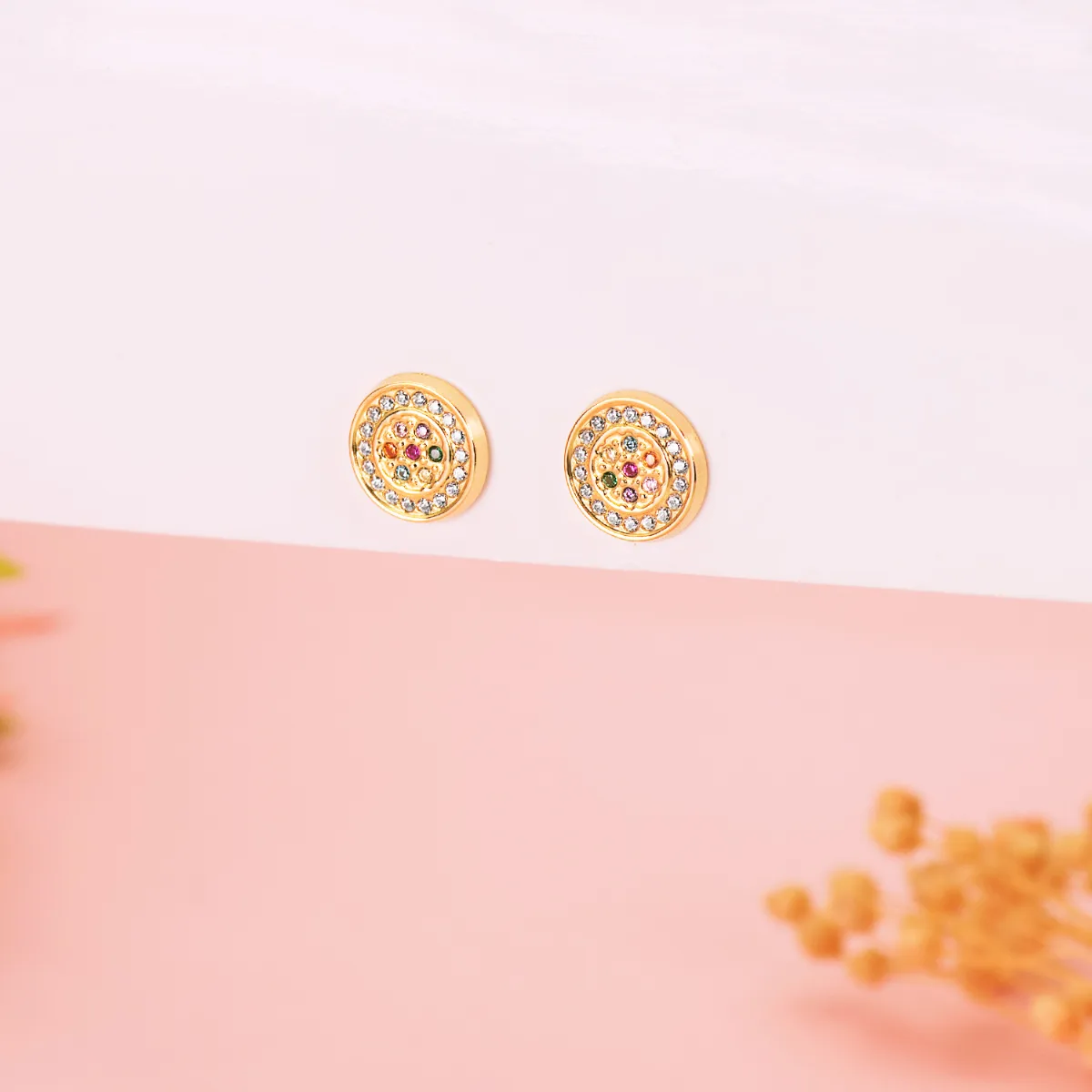 18K PENDIENTES ORO AMARILLO REDONDOS CON CIRCONITA MULTICOLOR 9 MM. CIERRE PRESION — vista 2