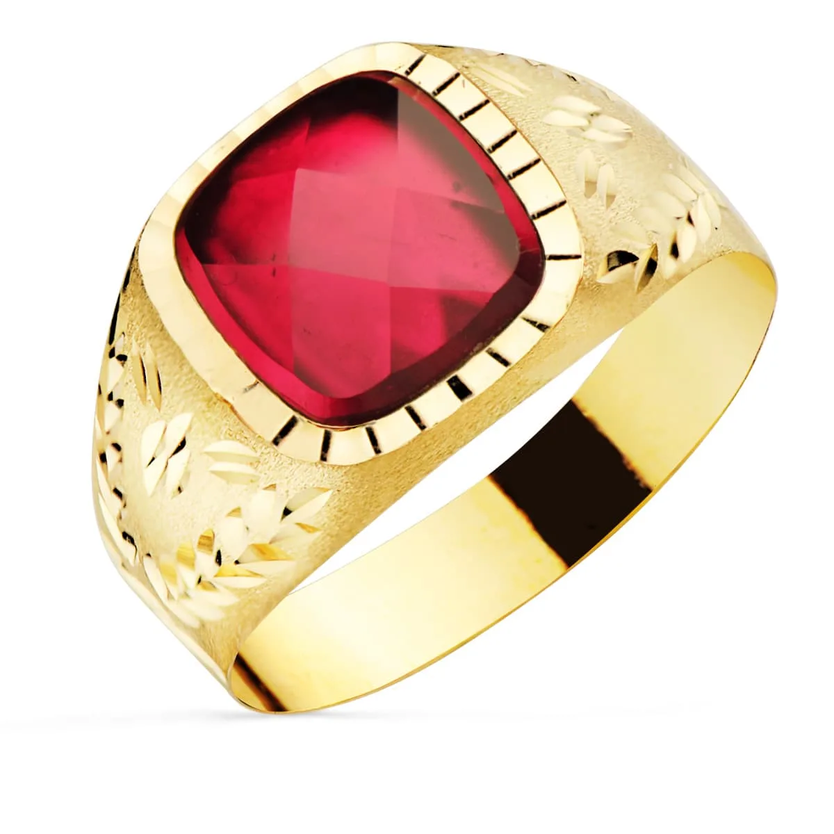 9K SELLO ORO AMARILLO CON PIEDRA RUBI SPINEL 9X9 MM LATERAL TALLADO