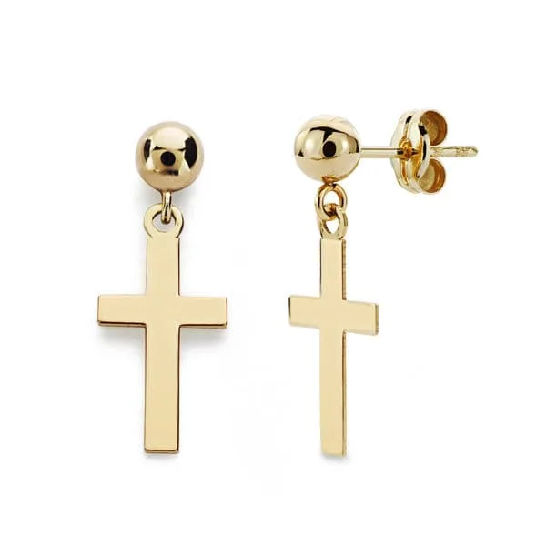 18K PENDIENTES CRUZ LISA Y BOLA ORO AMARILLO 12X7 MM CIERRE PRESION