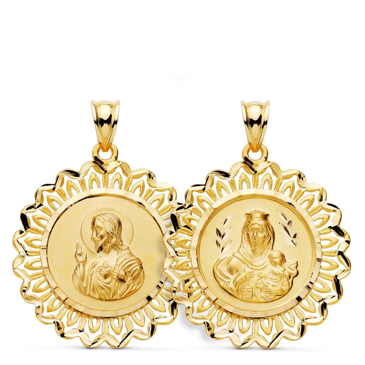 18K MEDALLA ORO AMARILLO ESCAPULARIO ORO AMARILLO CERCO CORAZON DE JESUS Y V CARMEN 31X28 MM