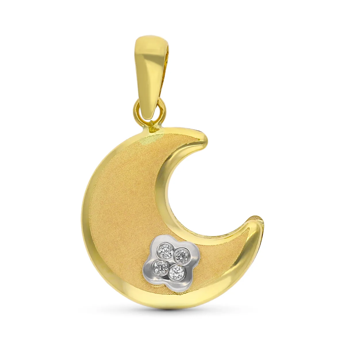 9K COLGANTE ORO BICOLOR LUNA CON TREBOL MINI DE CIRCONITAS