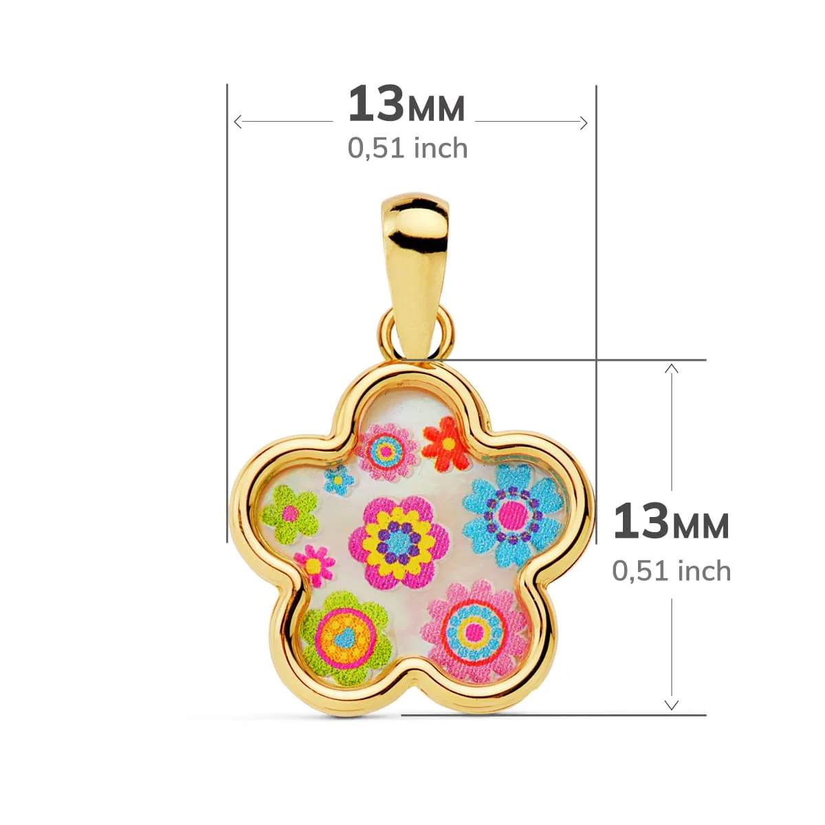 18K COLGANTE ORO AMARILLO AMULETO FLOR NACAR COLORES. 13X13 MM — vista 2