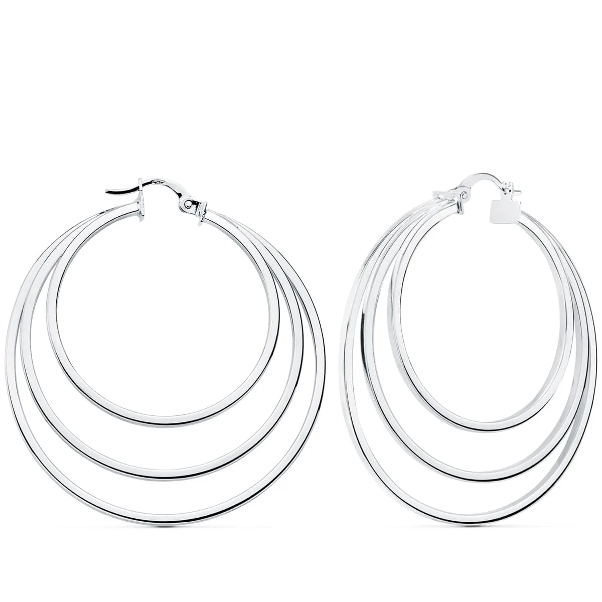 18K PENDIENTES AROS TRIPLES ORO BLANCO HUECOS REDONDOS 43 MM
