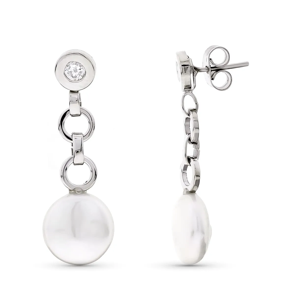 18K PENDIENTES ORO BLANCO LARGOS PERLA 10 MM Y CHATON CIRCONITA CIERRE PRESION