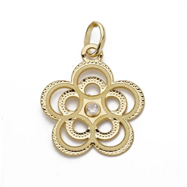 18K COLGANTE AMULETO ORO AMARILLO FLOR CALADA CIRCONITA 17X15 MM