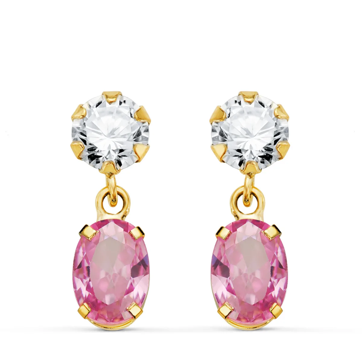 18K PENDIENTES ORO AMARILLO DOS CUERPOS CON CIRCONITA Y PIEDRA ROSA OVAL 16 X 5MM. CIERRE PRESION