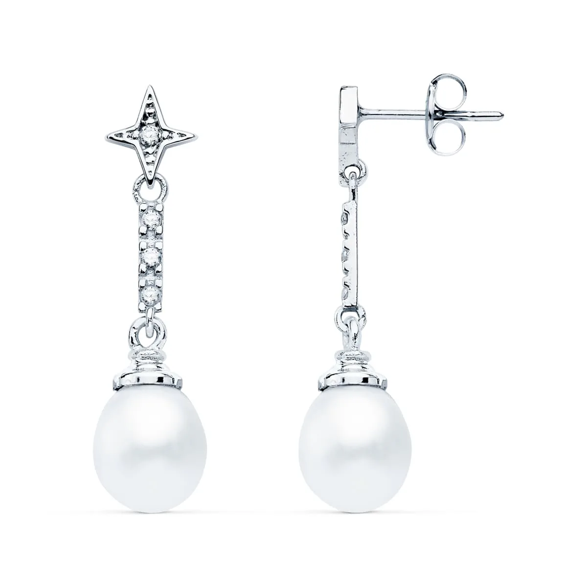 18K PENDIENTES ORO BLANCO PERLA Y CIRCONITA 28X8 MM CIERRE PRESION