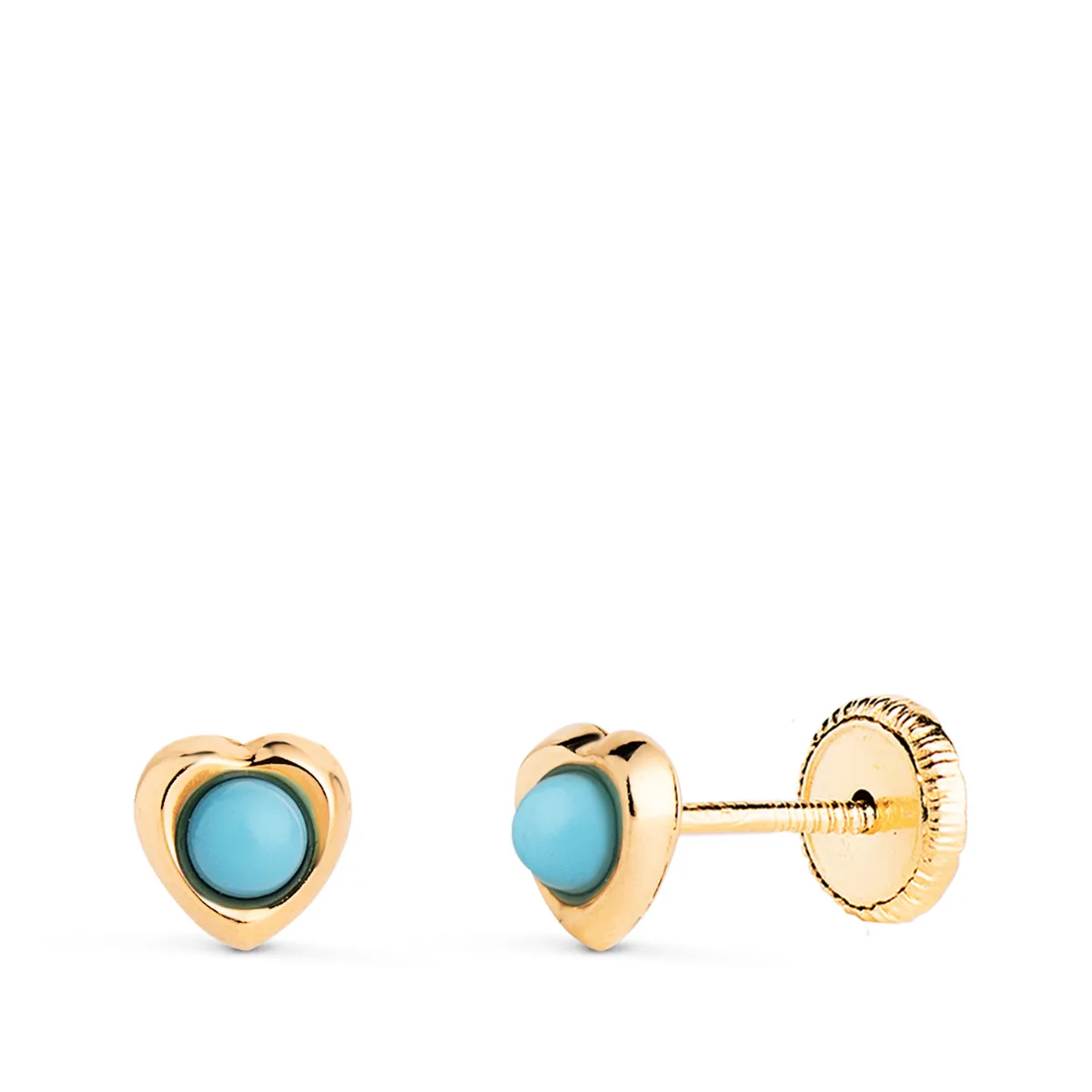 18K PENDIENTES ORO AMARILLO CORAZON CON TURQUESAS DE 2,4MM. MEDIDA: 5 X 5MM. CIERRE TUERCA
