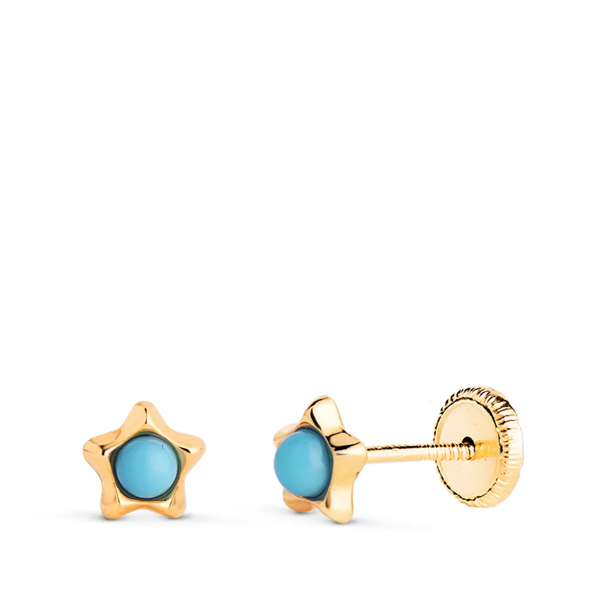18K PENDIENTES ORO AMARILLO ESTRELLA CON TURQUESAS DE 2,4MM. MEDIDA: 5 X 5MM. CIERRE TUERCA
