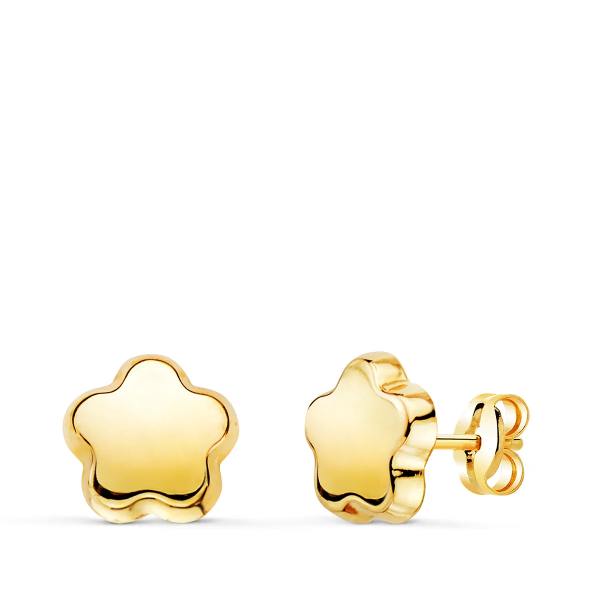 18K PENDIENTES ORO AMARILLO FLOR LISA BRILLO 7,5 X 7,5 MM. CIERRE PRESION