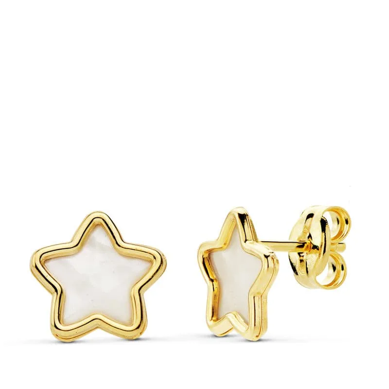 18K PENDIENTES ORO AMARILLO ESTRELLA NACAR 8X8 MM CIERRE PRESION