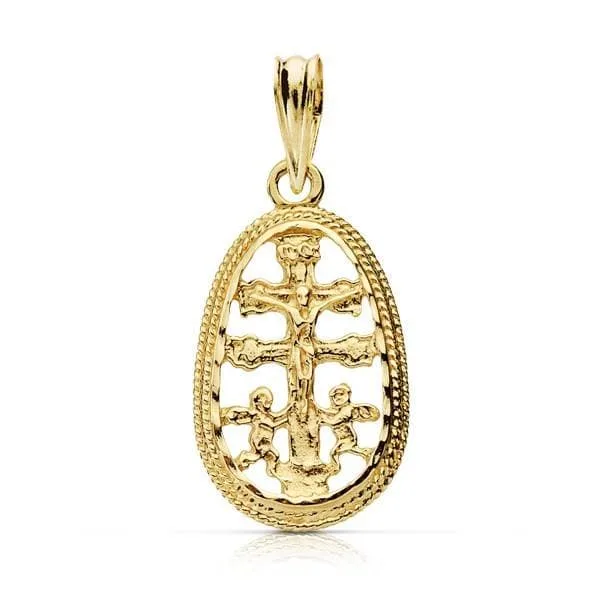 18K COLGANTE ORO AMARILLO CRUZ CARAVACA CERCO TALLADO 19X11 MM