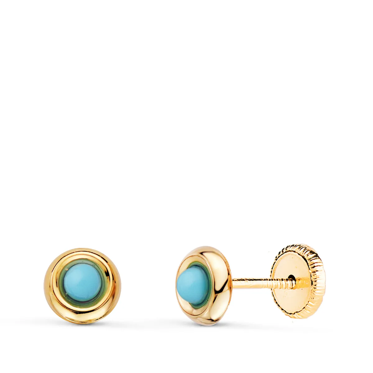 18K PENDIENTES ORO AMARILLO REDONDOS CON TURQUESAS DE 2MM. ANCHO: 5MM. CIERRE TUERCA