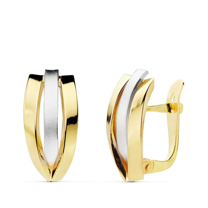 18K PENDIENTES ORO BICOLOR BANDAS 16X7 MM CIERRE  CATALAN