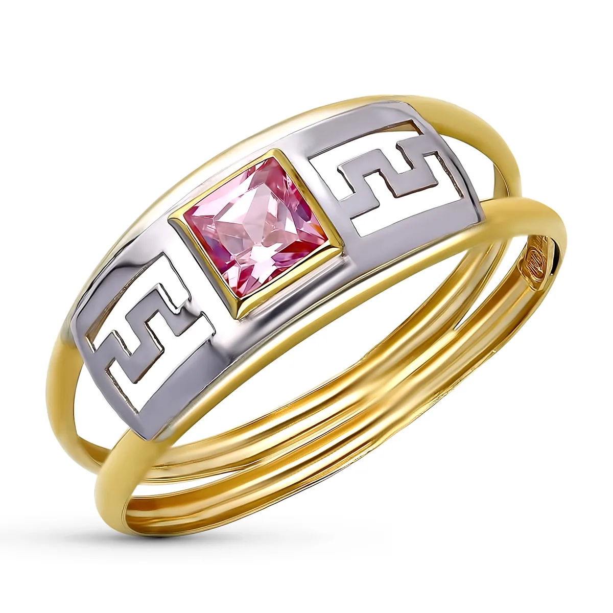9K SORTIJA ORO BICOLOR DOBLE CUERPO GRECA CALADA CON CIRCONITA ROSA. ANCHO: 7 MM