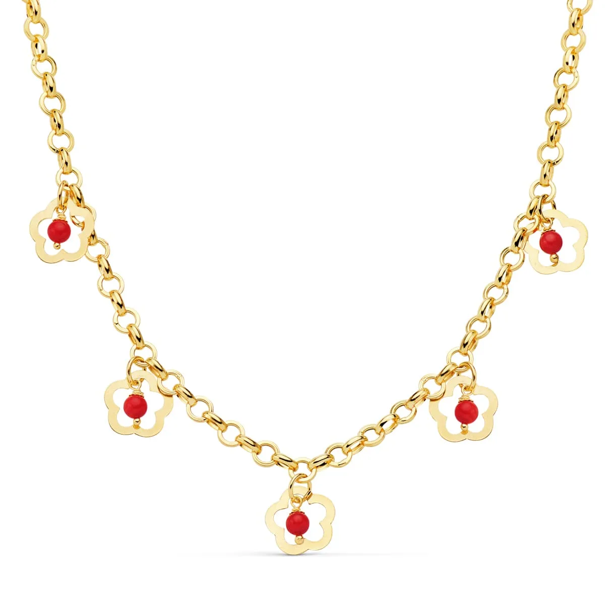 18K COLLAR ORO AMARILLO FLORES 12 MM CORAL CADENA 50CM
