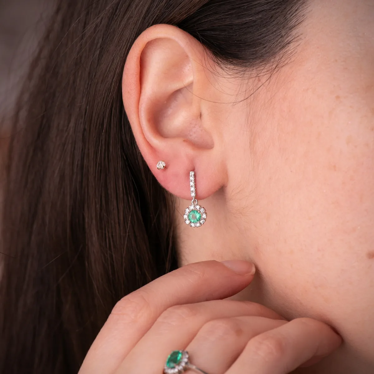 18K PENDIENTES ESMERALDA FINA Y CIRCONITAS PRESION — vista 2