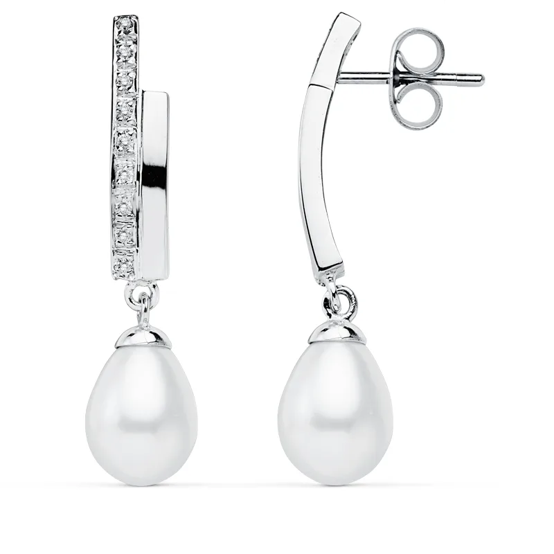9K PENDIENTES ORO BLANCO PERLA 32X8 MM CIERRE PRESION