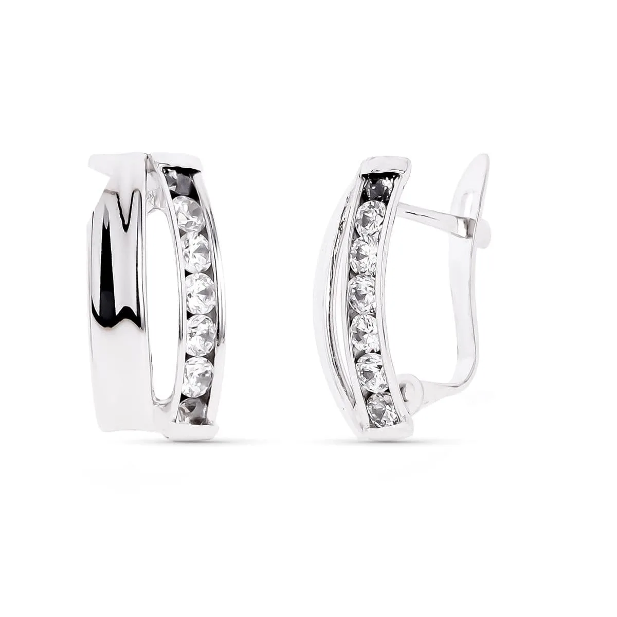 9K PENDIENTES ORO BLANCO BANDAS CON CIRCONITA 14X7 MM CIERRE CATALAN