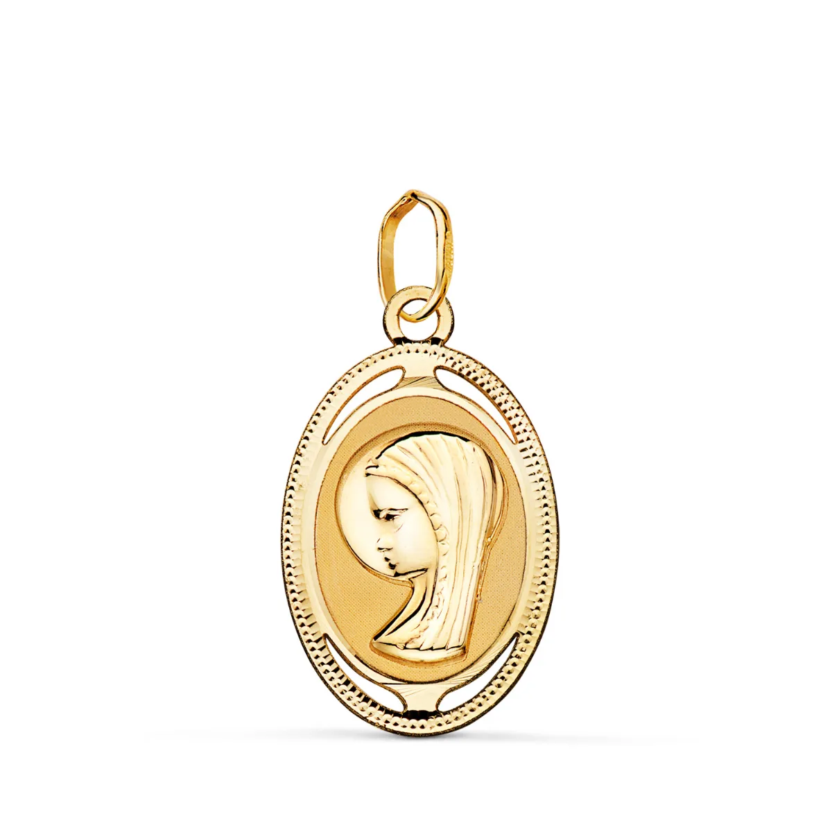 18K MEDALLA ORO AMARILLO OVAL VIRGEN NIÑA CON BORDE TALLADO Y CALADO 19X12 MM