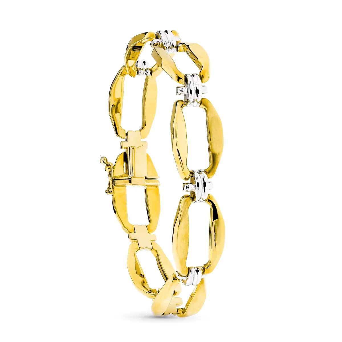18K PULSERA ORO BICOLOR ESLABON RECTANGULO Y CRUZ MATE Y BRILLO