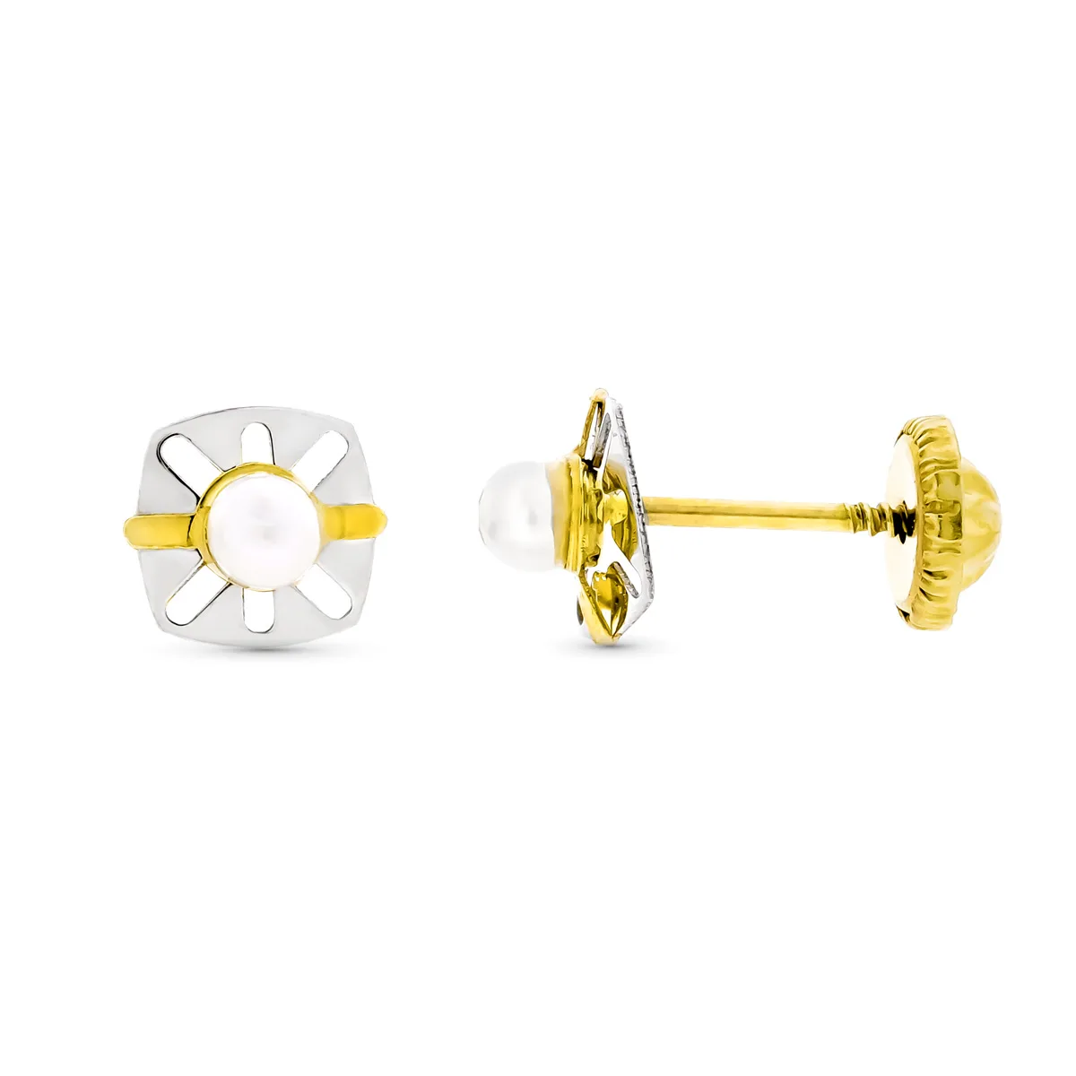 9K PENDIENTES ORO BICOLOR CALADOS CON PERLA 6X5 MM CIERRE TUERCA