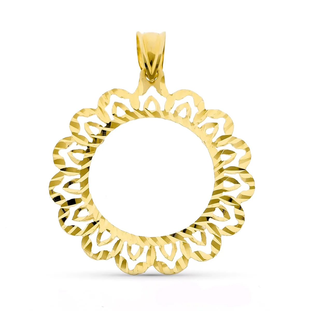 18K PLACA CERCO DE MONEDA ORO AMARILLO 18 MM TALLADO
