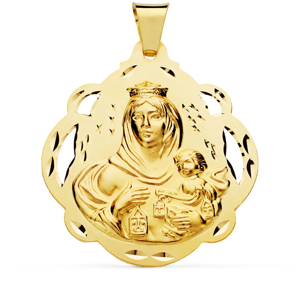 18K MEDALLA ORO AMARILLO VIRGEN DEL CARMEN PANDERETA CALADA 42 MM