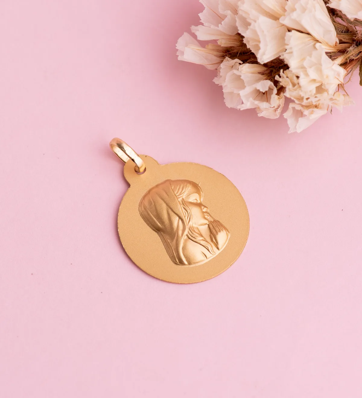 18K MEDALLA ORO AMARILLO VIRGEN NIÑA REDONDA LISA MATIZADA. MEDIDA: 20 MM — vista 2
