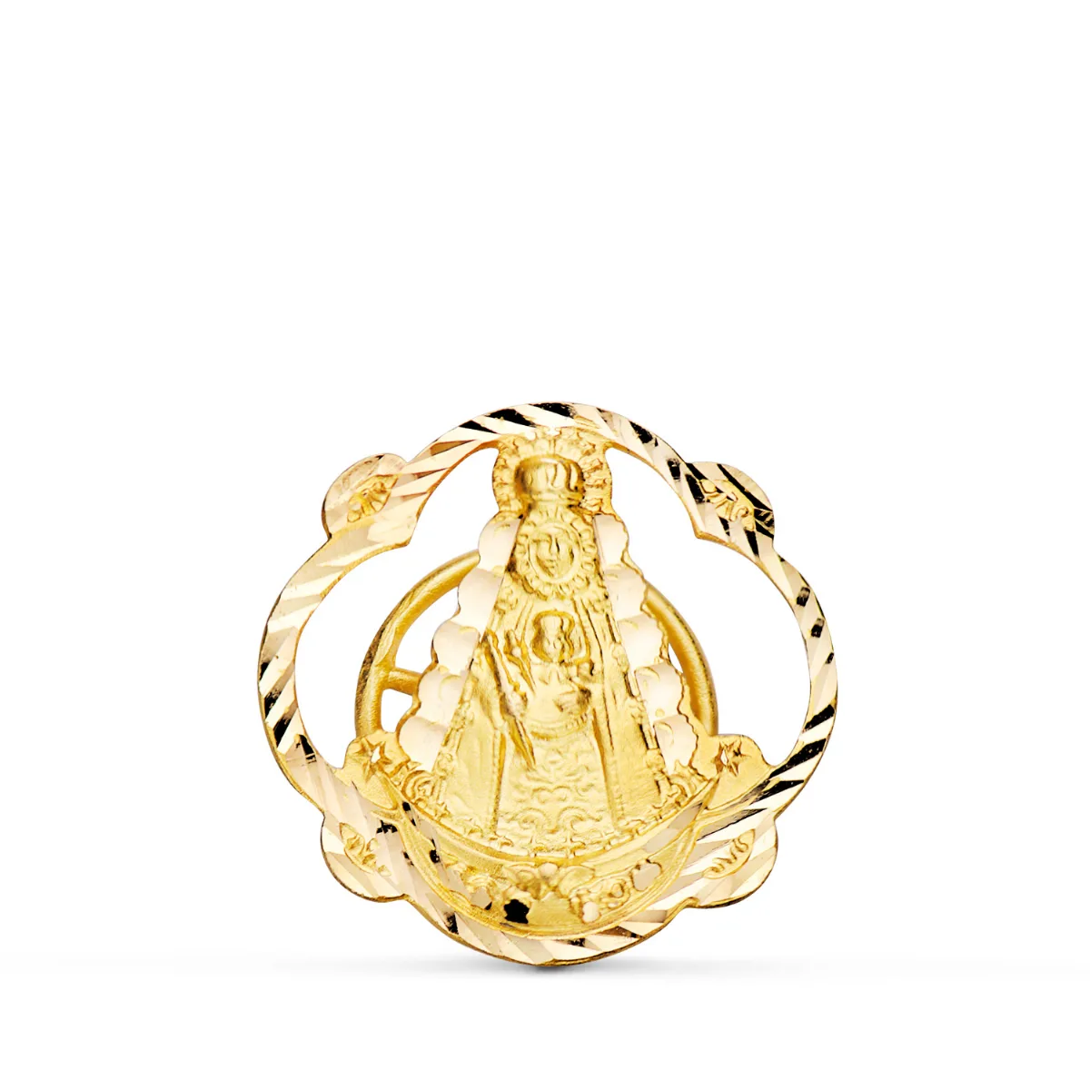 18K INSIGNIA SOLAPA ORO AMARILLO VIRGEN DEL ROCIO TALLADA 20X20 MM