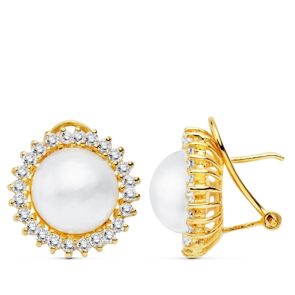 18K PENDIENTES ORO AMARILLO PERLA JAPONESAS 11 MM CIERRE OMEGA
