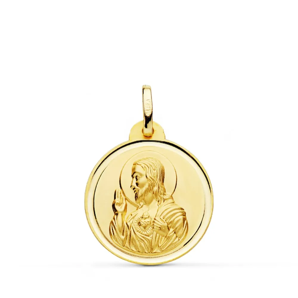 18K MEDALLA ORO AMARILLO CRISTO SAGRADO CORAZON DE JESUS BISEL 20 MM