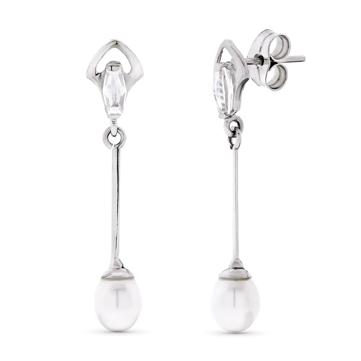 18K PENDIENTES ORO BLANCO LARGOS Y PERLAS CIERRE PRESION