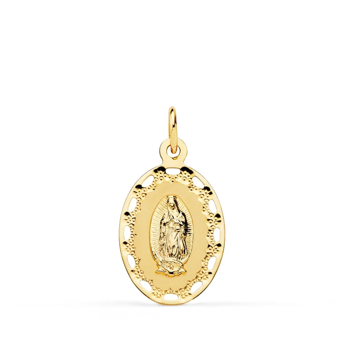 18K MEDALLA ORO AMARILLO VIRGEN DE GUADALUPE CERCO CALADO 23X14 MM