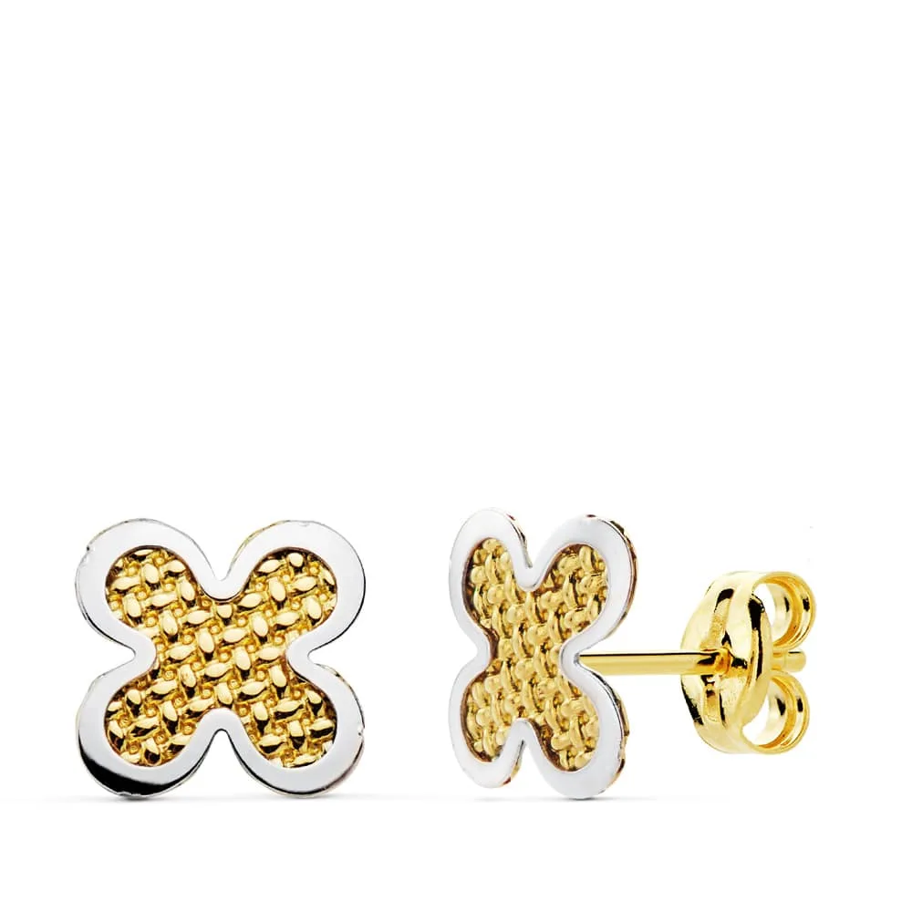 18K PENDIENTES ORO BICOLOR TREBOL 7X7 MM CIERRE PRESION