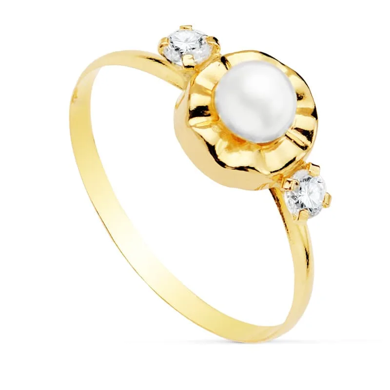 18K SORTIJA ORO AMARILLO CON CIRCONITAS Y PERLA DE 4 MM. ANCHO: 7 MM