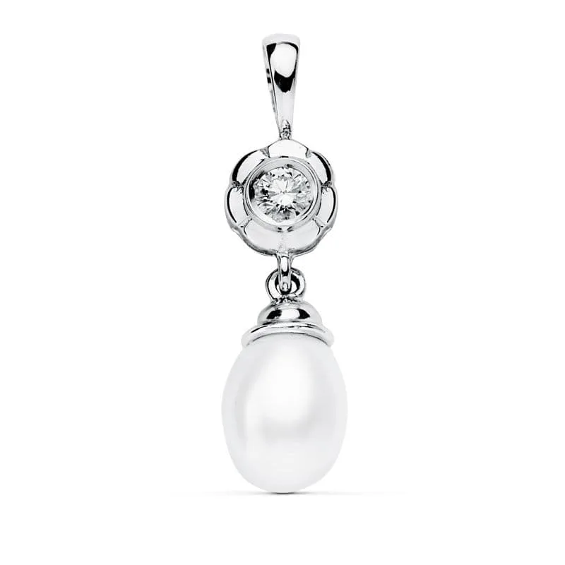 18K COLGANTE ORO BLANCO CHATON Y PERLA 22X8 MM