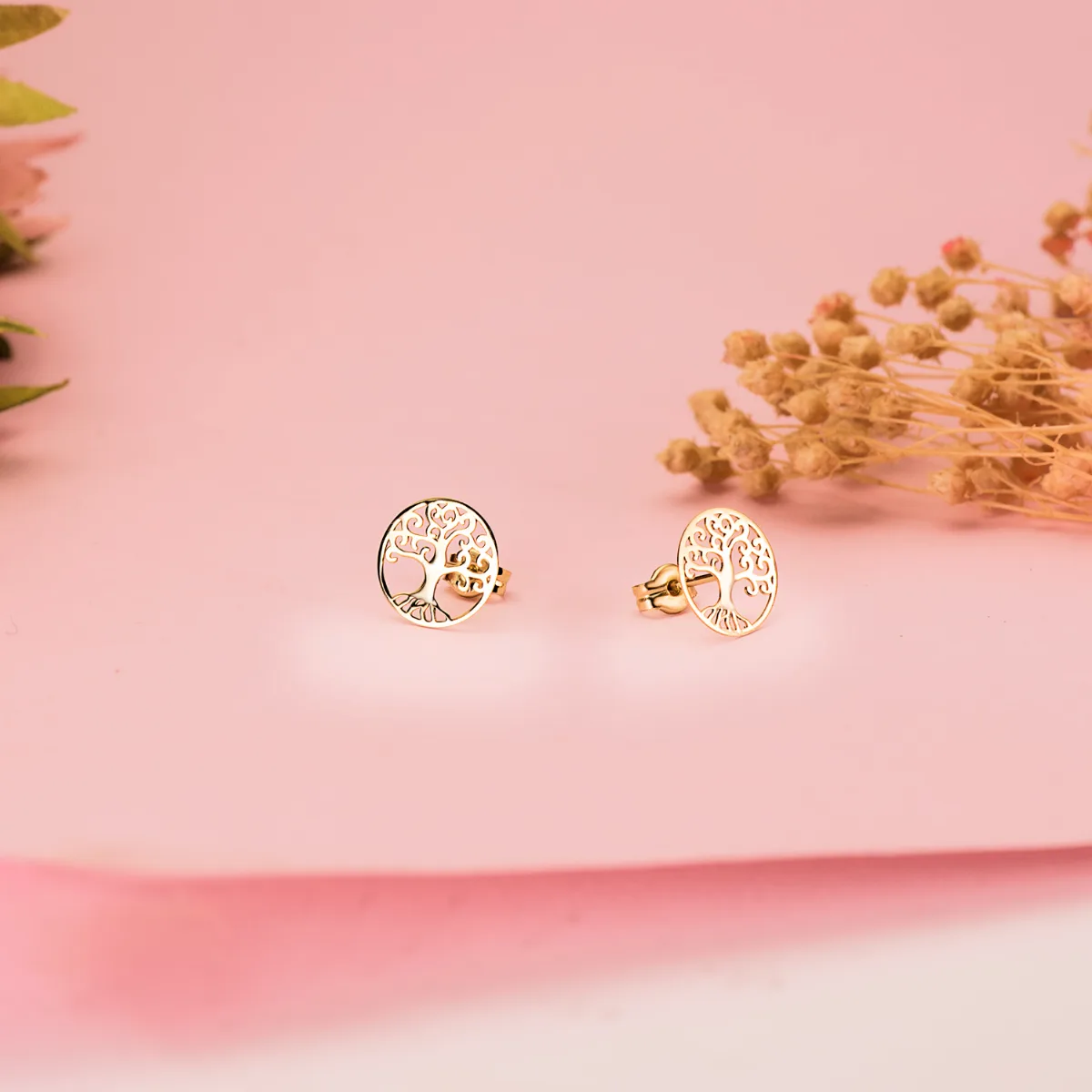 18K PENDIENTES ORO AMARILLO ARBOL DE LA VIDA EN BRILLO CALADOS 10 MM. CIERRE PRESION — vista 3